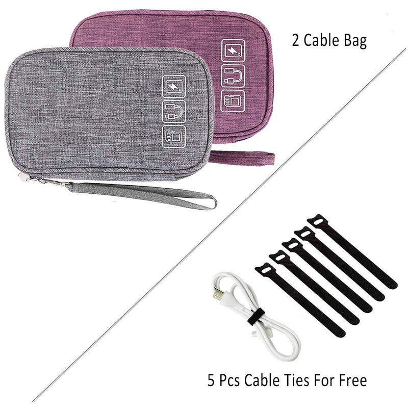 [Australia - AusPower] - Cable Organizer Bag, 2PCS Travel Cord Organizer Pouch Small Electronics Accessories Bag Tech Cord Storage Pouch for Cable, Charger, Phone, USB, SD Card,with 5pcs Cable Ties (Grey+Purple) Grey+Purple 