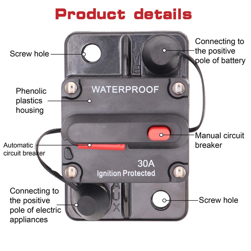 [Australia - AusPower] - Jeemiter 30 Amp Circuit Breaker with Manual Reset Wire Lugs Copper Washer and Screws for Car Marine Trolling Motors Boat ATV Manual Power Protect for Audio System Fuse, 12V-48VDC 