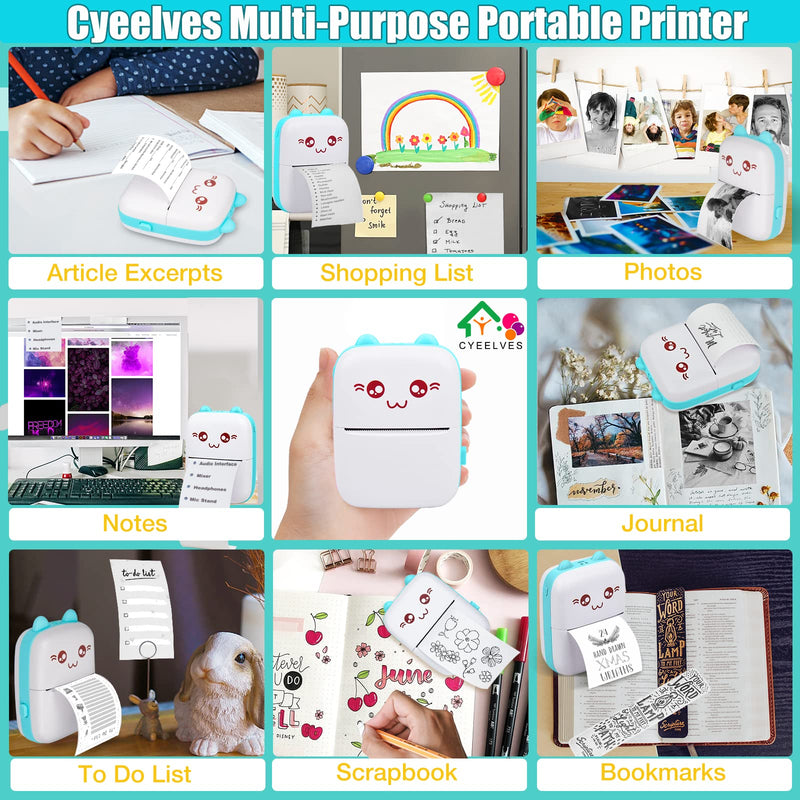 [Australia - AusPower] - Mini Printer Portable, Pocket Mini Thermal Printer with 6 Rolls Printing Paper, Bluetooth Smart Mini Sticker Printer compatible with iOS Android, Inkless Printer for Photo Picture QR Code Receipt List 