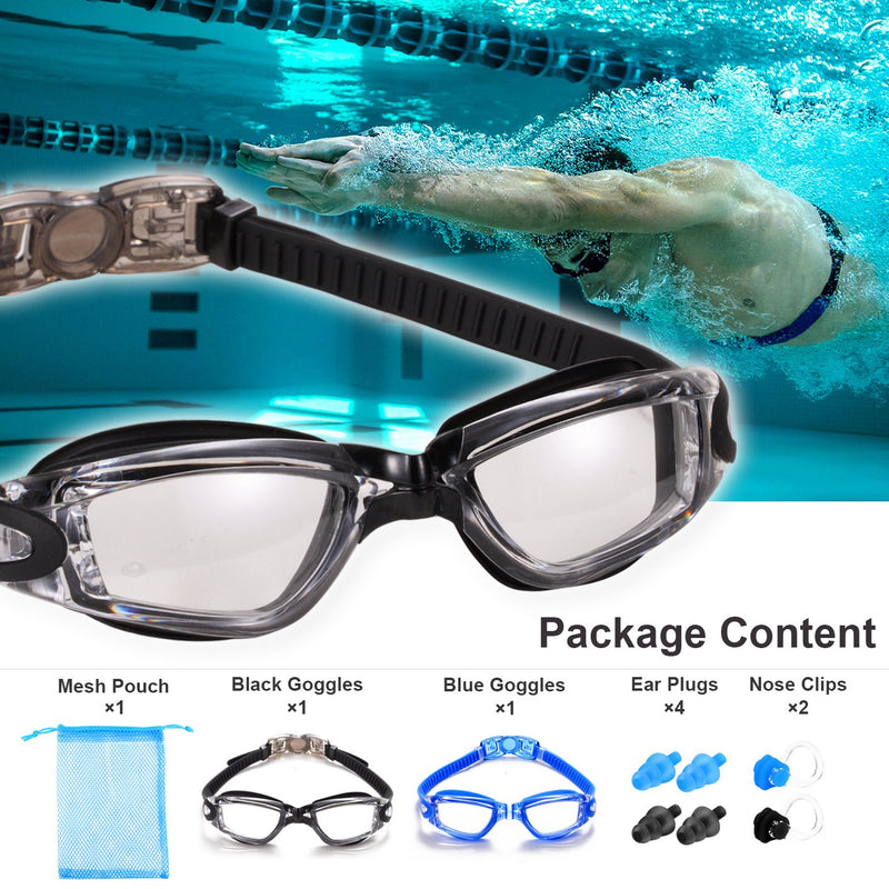 [Australia - AusPower] - Yizerel Swim Goggles, 2 Pack Swimming Goggles for Adult Men Women Youth Kids Child, No Leaking Anti Fog UV 400 Protection Waterproof 180 Degree Clear Vision Triathlon Pool Goggles Black/Blue(clear) 