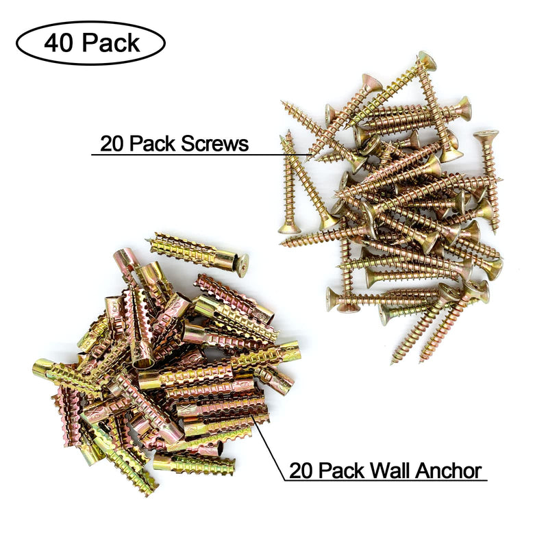 [Australia - AusPower] - Heavy Duty Steel Wall Anchor with Screws, 40 Pcs Tree Shaped Steel Wall Anchor for Concrete Wall, Hollow-Wall, Wooden Wall, Plaster and Drywall(6x32mm) 20 Sets - Gold 