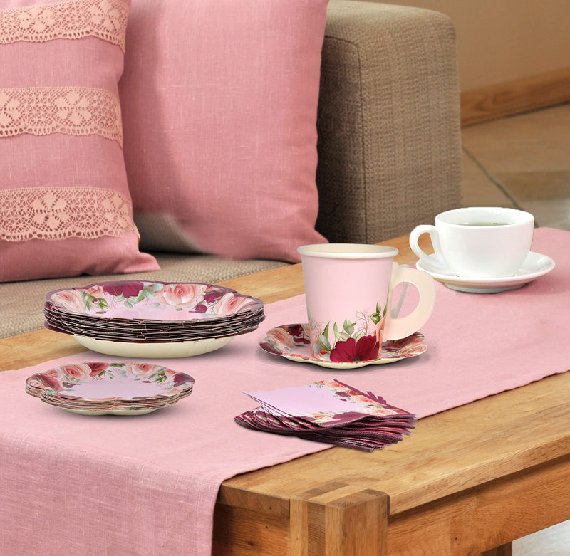 [Australia - AusPower] - 24 Disposable Tea Cups and Saucers Sets Floral Design 7" Flower Scallop Shaped Plates 24 5" Saucer Paper Plate 24 5 oz. Tea Cup with Handle 48 Lunch Napkins for Spring Wedding Birthday Party Supplies 