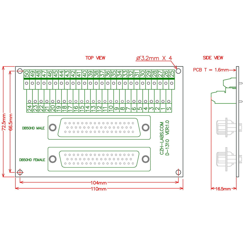 [Australia - AusPower] - CZH-LABS DIN Rail Mount DSUB DB50 Male/Female Header Interface Module, D-SUB Breakout Board. 