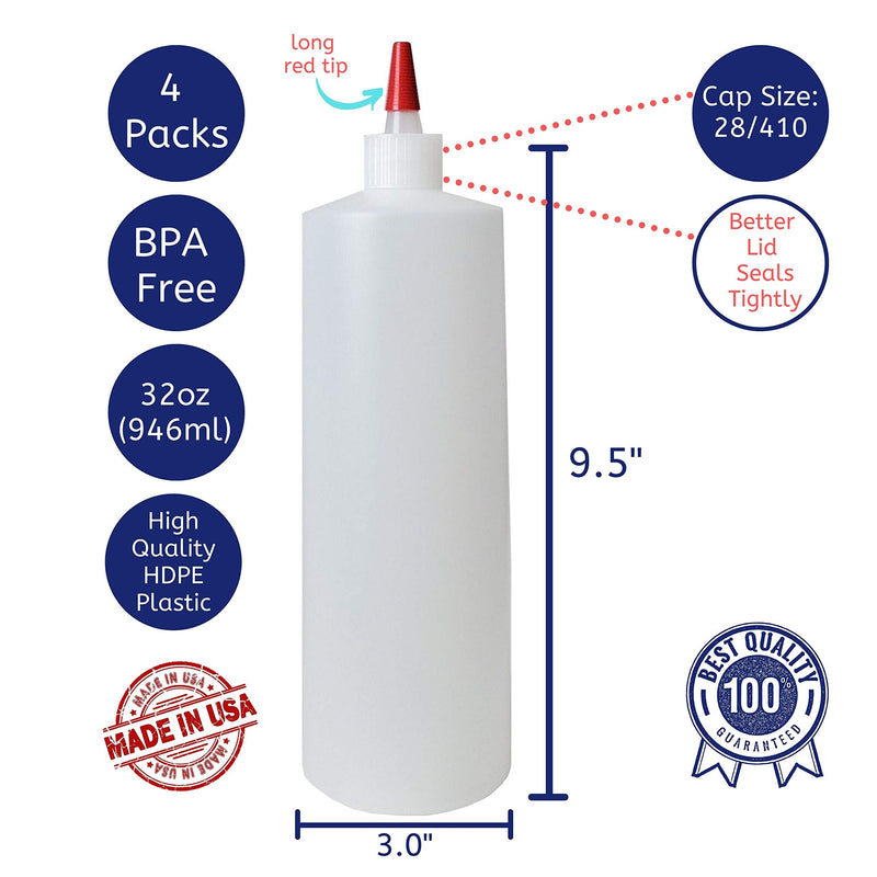 [Australia - AusPower] - kelkaa 32oz 28/410 HDPE Plastic Cylinder Squeeze Bottles with Dispensing Yorker Long Red Sealer Tip Caps, for Food, Crafts, DIY Liquid Products, Multi-Use Refillable Bottles (Pack of 4) 
