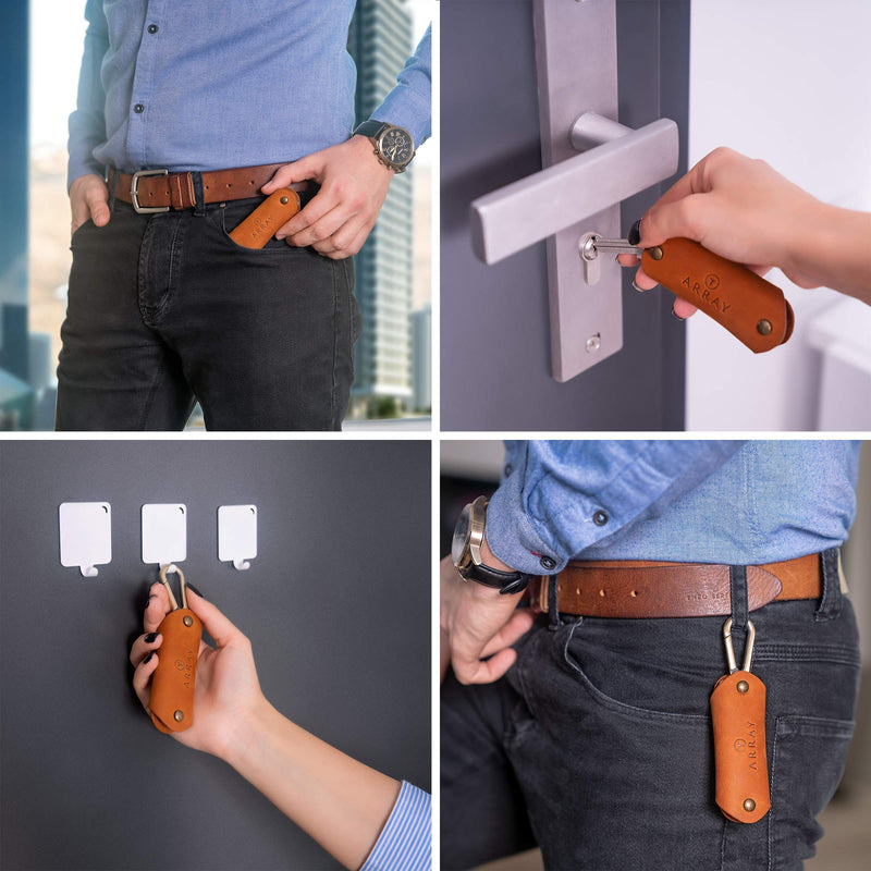 [Australia - AusPower] - Leather Key Holder by ARRAY Design | Smart Key Holder Organizer with Brass Carabiner for up to 10 Keys | Key Chains for Men and Women Brown 