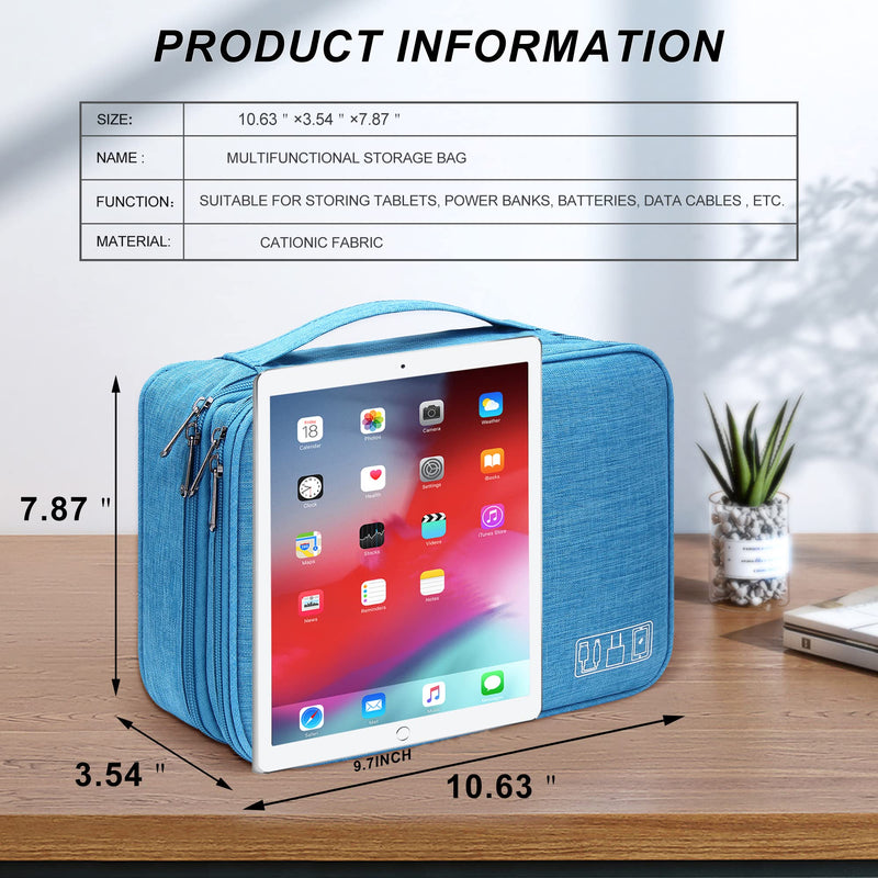 [Australia - AusPower] - Electronic Bag Travel Cable Accessories Bag Waterproof Double Layer Electronics Organizer Portable Storage Case for Cable, Cord, Charger, Phone, Adapter, Power Bank, Kindle, Hard Drives Sky Blue 