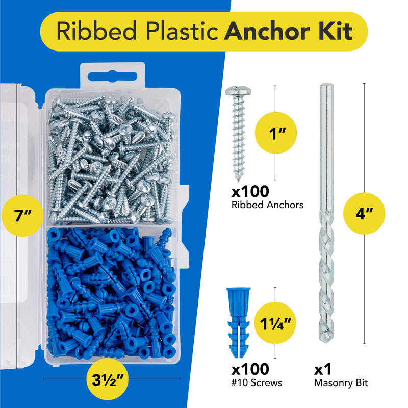 [Australia - AusPower] - Ribbed Plastic Drywall Anchor Kit with Screws and Masonry Drill Bit, 10-12 x 1" 