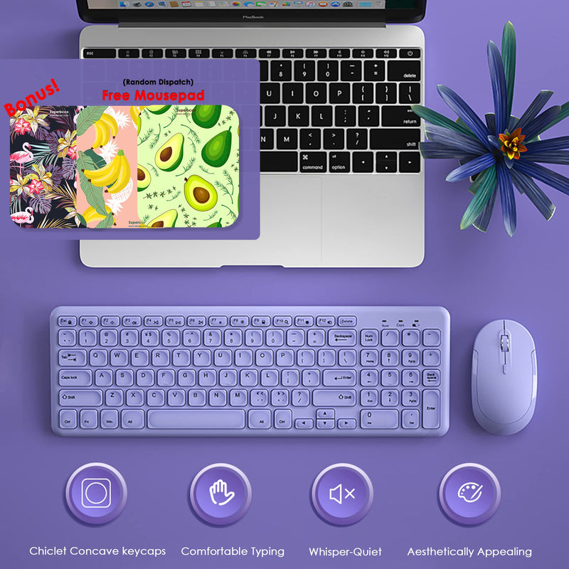 [Australia - AusPower] - Wireless Keyboard and Mouse Combo, Superbcco Cordless Computer Keyboard with Number Keypad, 2.4Ghz USB Receiver, Ultra Slim, Energy Saving, 3-Level DPI for Laptop/Computer/PC/Desktop (Lavender Purple) Lavender Purple 