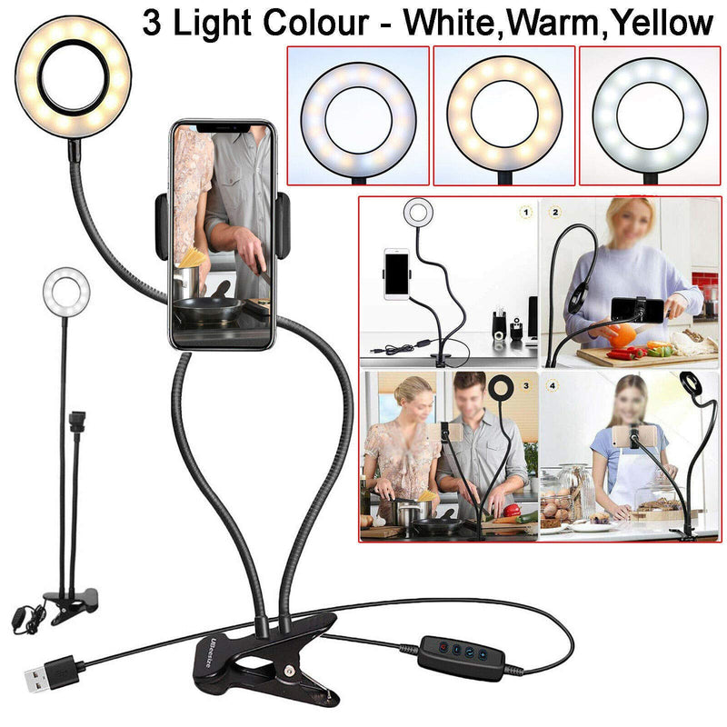[Australia - AusPower] - Universal Selfie Ring Light with Flexible Mobile Phone Holder Lazy Bracket Desk Lamp LED Light for Live Stream Office Kitchen 