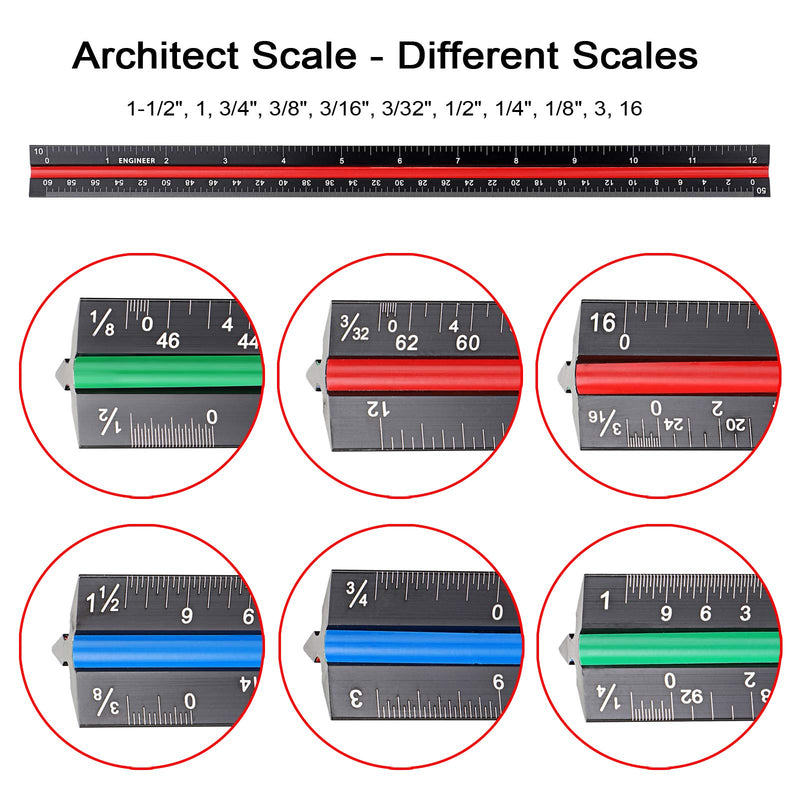[Australia - AusPower] - OwnMy 3 Pack 12 Inch Solid Aluminum Triangular Architect Scale Ruler Set, 3-Colors-Groove Architectural and Engineer Scale Metal Ruler Set, Clear Scales Drafting Rulers for Engineer Blueprint Project Imperial Scale 