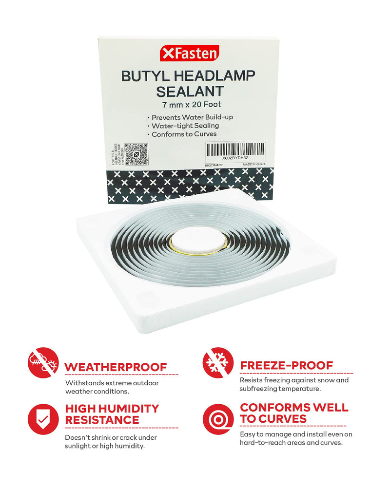 [Australia - AusPower] - XFasten Butyl Headlamp Sealant, 7 millimeters x 20 Feet, 7 millimeters Thick, OEM Grade Automotive Rubber Butyl Rope Tape for Headlamp, Headlight, Windshield, Window, and Pool Light Sealant Tape 