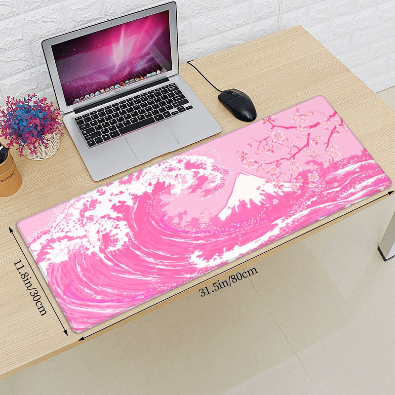 [Australia - AusPower] - Pink Japanese Wave Cherry Blossom Gaming Mouse Pad XL, Large Non Slip Rubber Mousepad, Stitched Edges Desk Pad, Long Extended Mice Pad,31.5'' X 11.8'' Pink Japanese Wave Cherry Blossom 