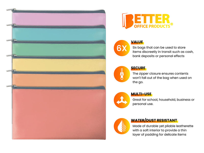 [Australia - AusPower] - 6 Pack, Zippered Security Bank Deposit Bag, Assorted Pastel Colors, by Better Office Products, Leatherette, Cash Bag, Coin Bag, Utility Pouch, Assorted 6 Pastel Fashion Colors 