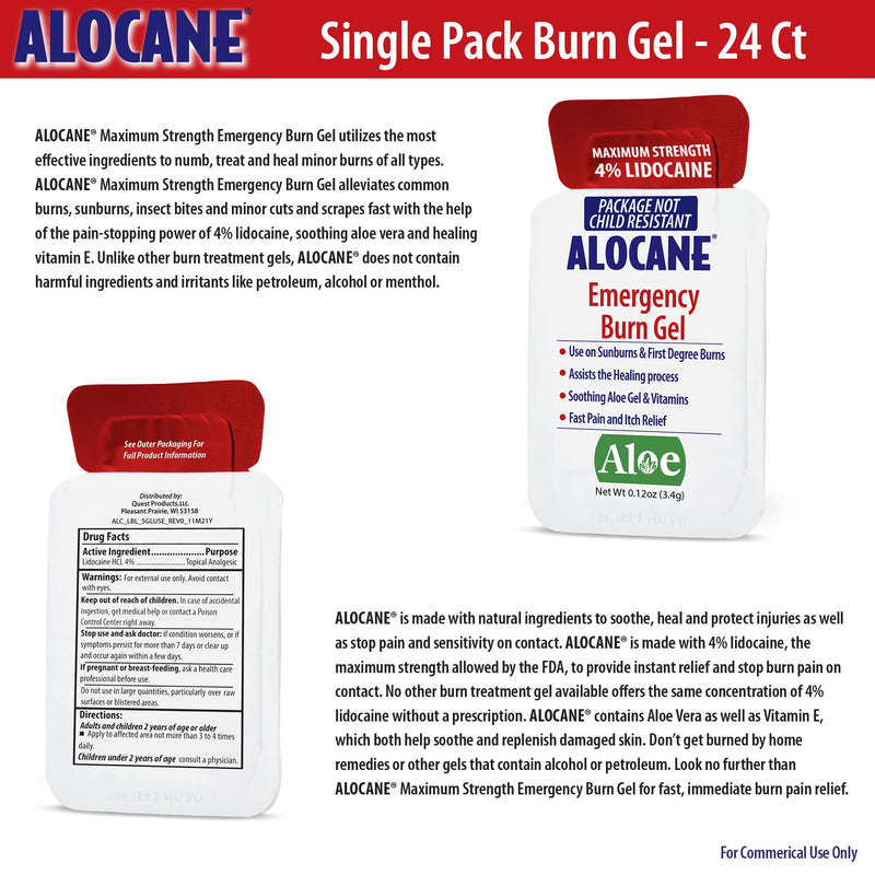 [Australia - AusPower] - ALOCANE® Emergency Burn Gel Maximum Strength 4% Lidocaine Individual Use Packets,Commercial Grade, for Restaurants, Manufacturing, Other Heat Related Work environments, for Commercial Use Only, 24 Ct 