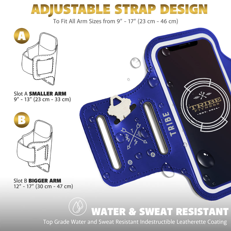 [Australia - AusPower] - TRIBE Water Resistant Cell Phone Armband Case Running Holder for iPhone Pro Max Plus Mini SE (13/12/11/X/XS/XR/8/7/6/5) Galaxy S Ultra Plus Edge Note (21/20/10/9/8/7/6/5) Adjustable Strap & Key Pocket Dark Blue S: iPhone Mini/8/7/6/5/4/3/SE/Galaxy Mini 