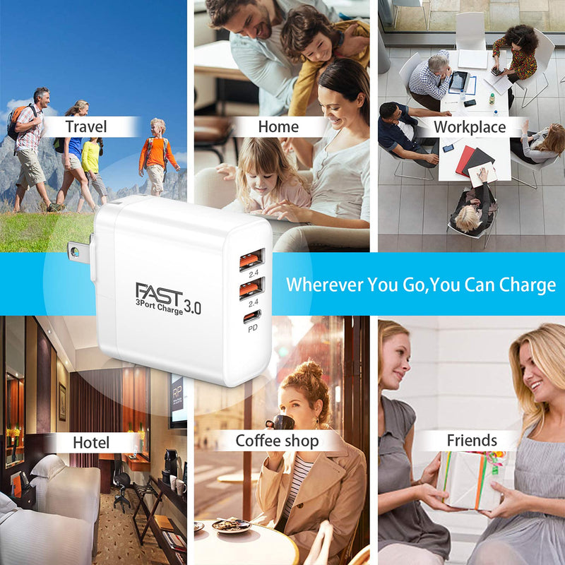 [Australia - AusPower] - USB C Charger 2Pack, iSeekerKit 30W 3-Ports Fast Type C Wall Charger with PD 3.0 + 5V/2.4A Foldable USB Block Plug Compatible for iPhone 13/12/ Mini/Pro Max/11/11 Pro Max/Samsung Galaxy/Pixel-White White White 