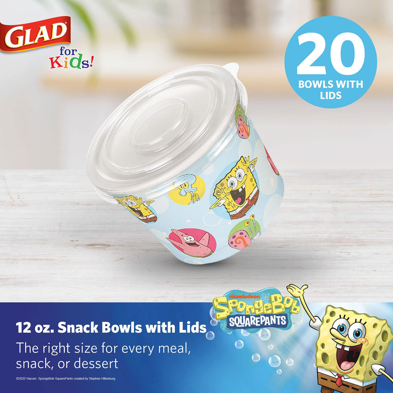 [Australia - AusPower] - Glad for Kids Spongebob Squarepants Paper Snack Bowls with Lids, 12oz | Heavy Duty Disposable Soak Proof Microwavable Paper Bowls for Kids and Adults, 20 Count Bubbles 12" Bowls w/ lids - 20 Count 