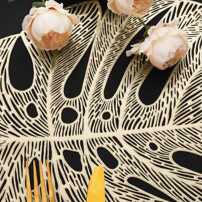 [Australia - AusPower] - Mabbcoo Placemats Set of 6, Hollowed-Out Leaf Place Mats for Dining Table Pressed Vinyl Table Mats for Holiday Party Wedding Accent Centerpiece Dinner Table Decoration (Garden Gold) 6Pcs Leaf 