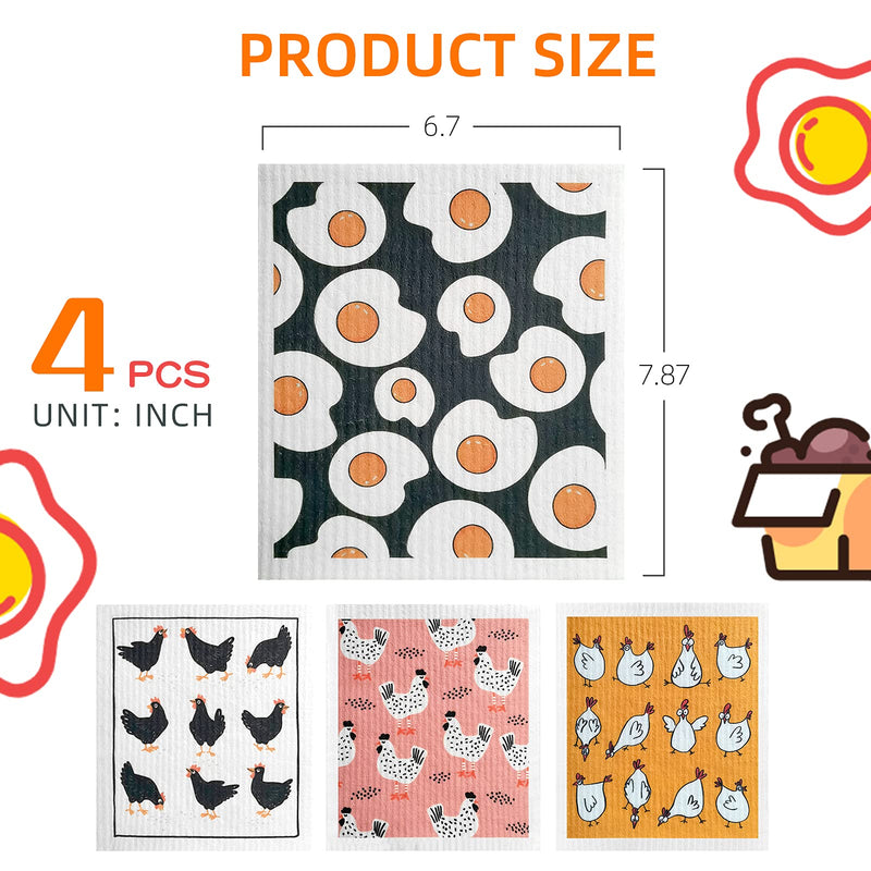 [Australia - AusPower] - 4+4 Pcs Swedish Dishcloths for Kitchen 100% Biodegradable Eco-Friendly Cleaning Cloth Reusable Paper Towel for Washing Dishes 6.7×7.87Inches (Chicken) 