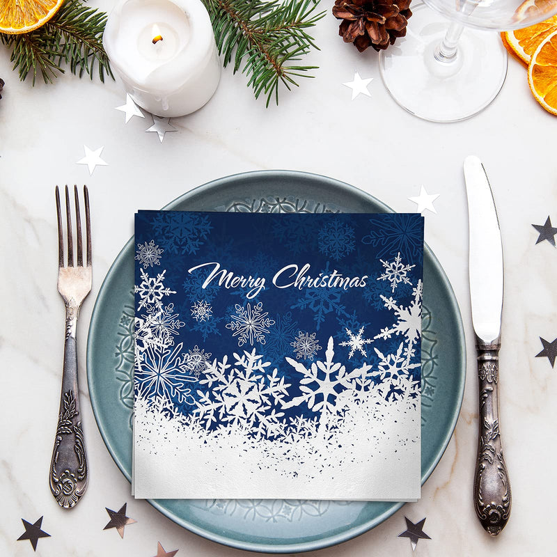 [Australia - AusPower] - Whaline 80 Pack Christmas Paper Napkins 6.5 x 6.5" Foil Silver Snowflake Cocktail Napkins Disposable Navy Blue White Party Beverage Napkins for Christmas New Year Winter Holiday Dinner Party Supplies 