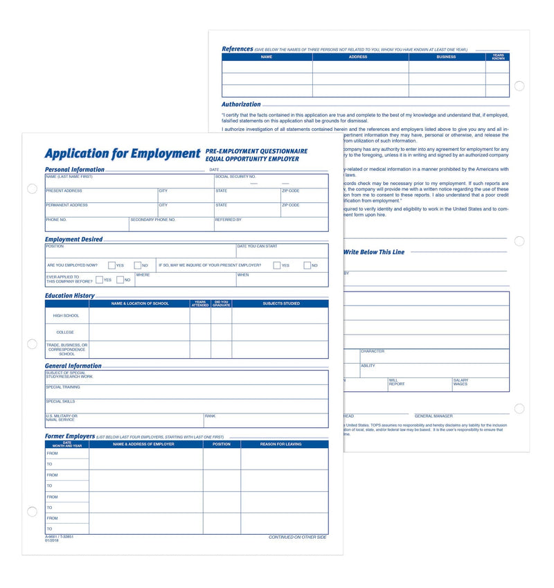[Australia - AusPower] - Adams Applications for Employment, 8.5 x 11 Inch, 3-Hole Punched, 50-Sheets/Pack, 2-Pack, White (9661) 