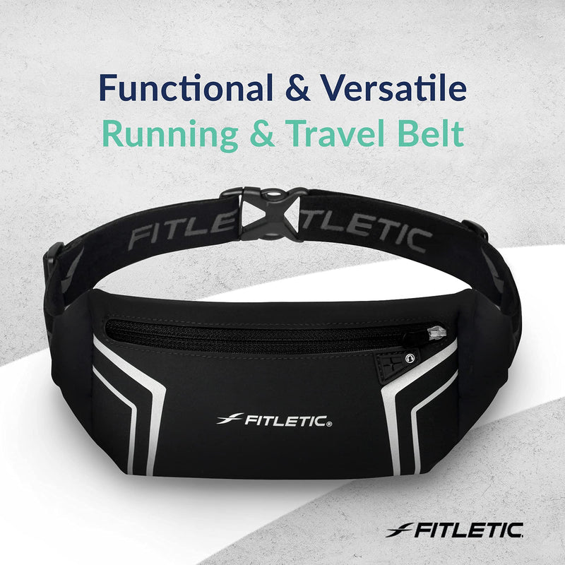[Australia - AusPower] - Fitletic - Blitz Sports and Travel Belt, Multifunctional Reflective Belt with Earbud Port, Water-resistant, Adjustable, and Versatile Running Waist Belt, Fitletic Running Accessories, Black 