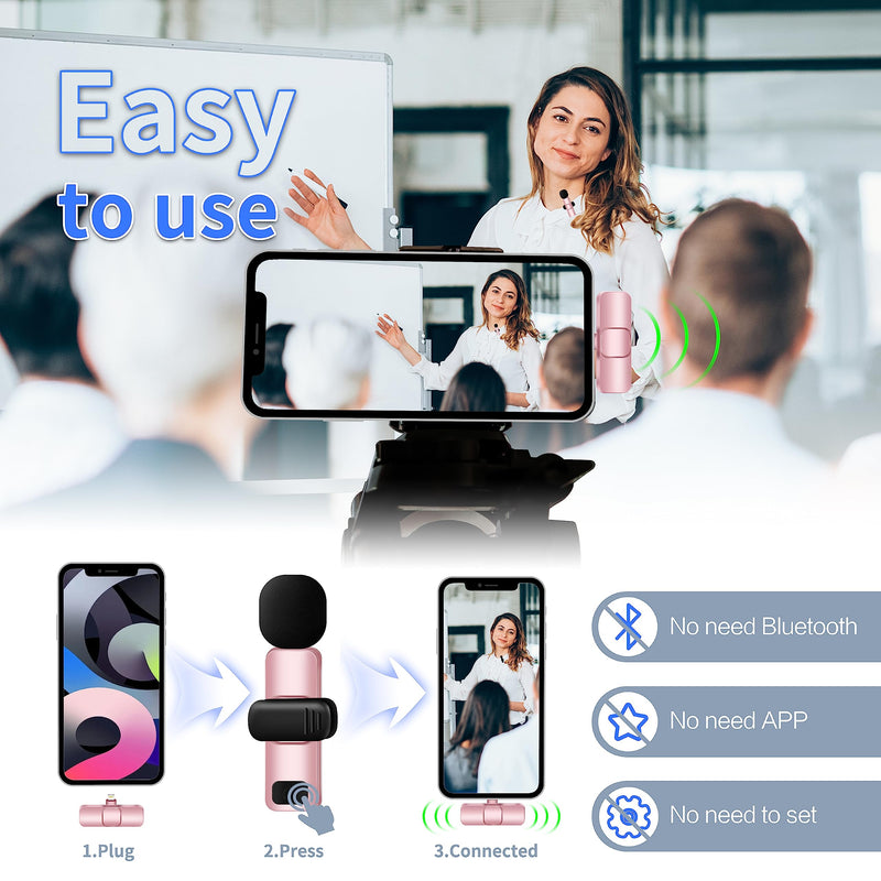 [Australia - AusPower] - LAGIZOEC Pink Wireless Lavalier Microphone for iPhone iPad, Cordless Omnidirectional Condenser Recording Microphones, Professional Plug-Play Mini Mic for Interview Video Podcast Vlog YouTube 