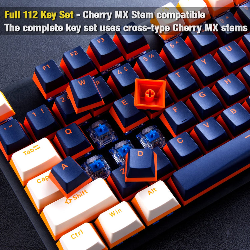 [Australia - AusPower] - GunMjo PBT Doubleshot Keycaps for Gaming Keyboard with Cherry MX Switches, OEM Profile 112 Keys with 6.25U Space Bar, Bevel Cut Keycaps for Mechanical Keyboard, Blue/White with Orange Bottom 