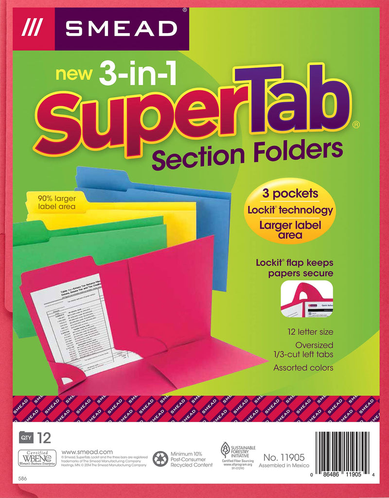 [Australia - AusPower] - Smead 3-in-1 SuperTab Section Folder, 1/3-Cut Oversized Tab, Letter Size, Assorted Colors, 12 per Pack (11905) 