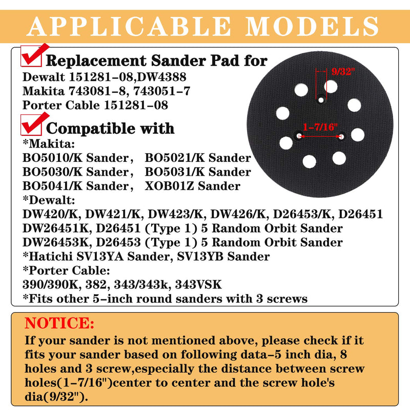 [Australia - AusPower] - 10 Packs 5 Inch 8 Hole Replacement Sander Pads 5" Hook and Loop Sanding Backing Plates for Makita 743081-8 743051-7, DeWalt 151281-08 DW4388, Porter Cable, Hitachi 324-209 10 