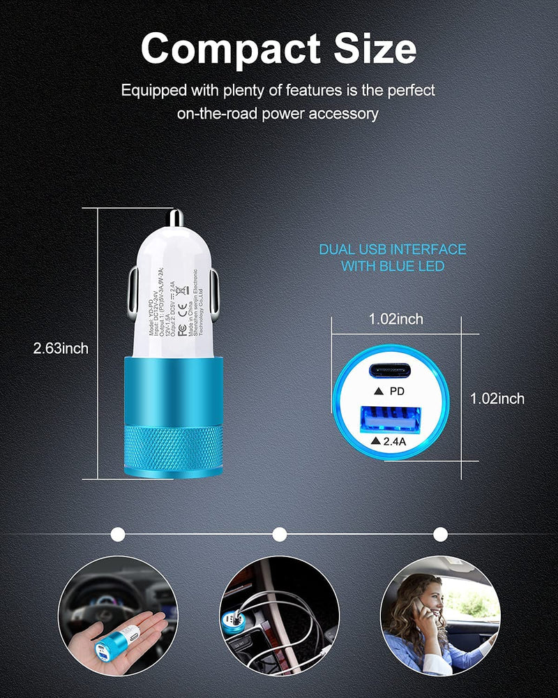 [Australia - AusPower] - 30W USB C Car Charger, [2Pack] 3.0 Fast Charge Dual Port USB Type C and 2.4a USB A Cargador Carro Lighter Adapter for iPhone,Tablet, iPad, Samsung Galaxy, LG, Google Pixel GPS, Z Play Droid, Motorola Blue 