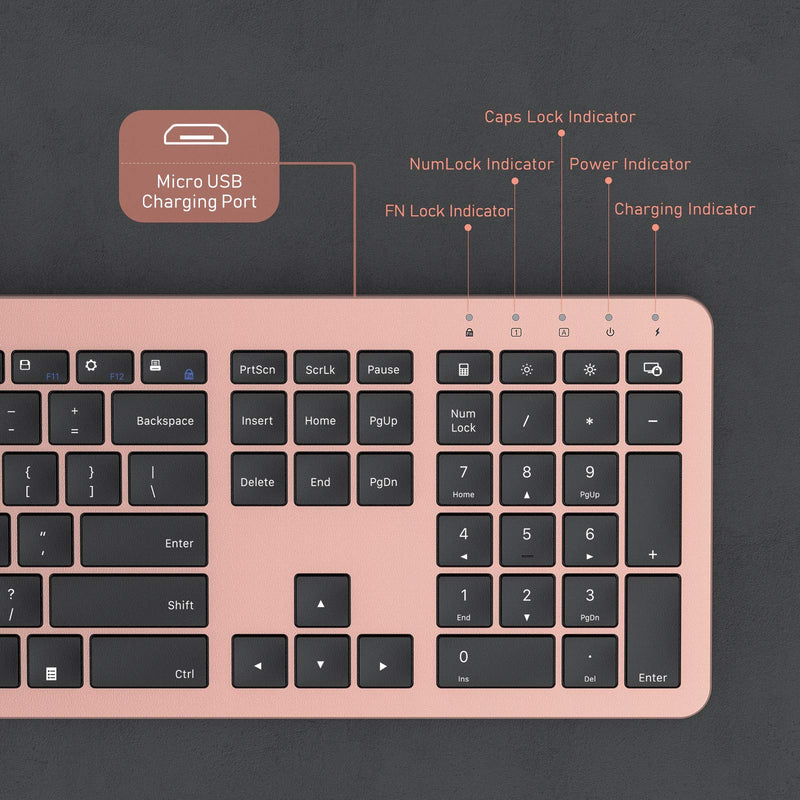 [Australia - AusPower] - seenda Rechargeable Wireless Keyboard Mouse Combo Full Size Cordless Keyboard & Mouse Sets with Build-in Lithium Battery Ultra Thin Quiet Keyboard Mice (Black and Rose Gold) Black and Rose Gold 