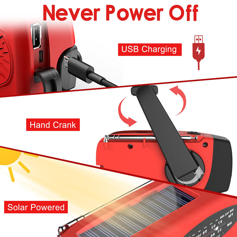 [Australia - AusPower] - RunningSnail Emergency Hand Crank Radio with LED Flashlight for Emergency, AM/FM NOAA Portable Weather Radio with 2000mAh Power Bank Phone Charger, USB Charged & Solar Power for Camping, Emergency Red 
