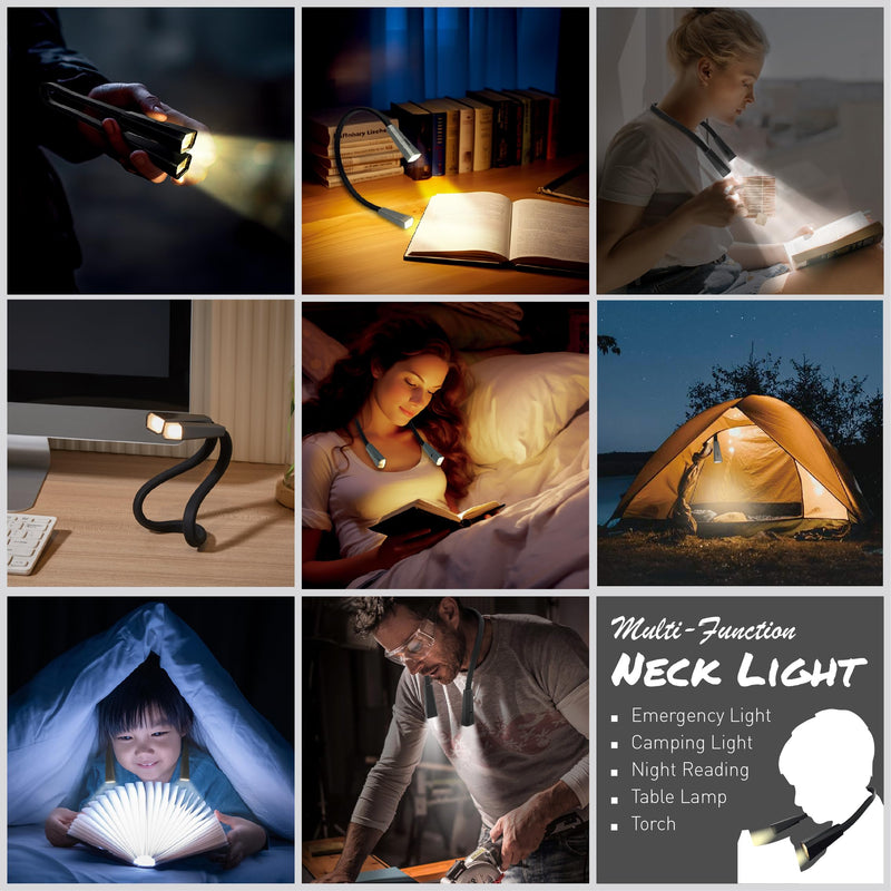[Australia - AusPower] - RADIXIUM Black LED Neck Reading Light, Multifuntion Book Light for Reading in Bed and Camping, 4 Brightness Levels, Bendable Arms, Rechargeable, Long Lasting, Comfortable & Lightweight, Soft as Skin 