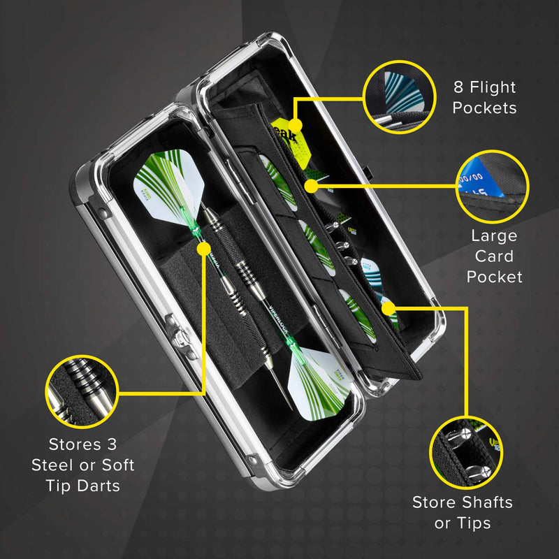[Australia - AusPower] - Casemaster Sole Aluminum Slim Profile Dart Case Holds 3 Steel Tip and Soft Tip Darts with Enough Space to Keep Flights in Shape, Features Built-In Pockets for Other Accessories 