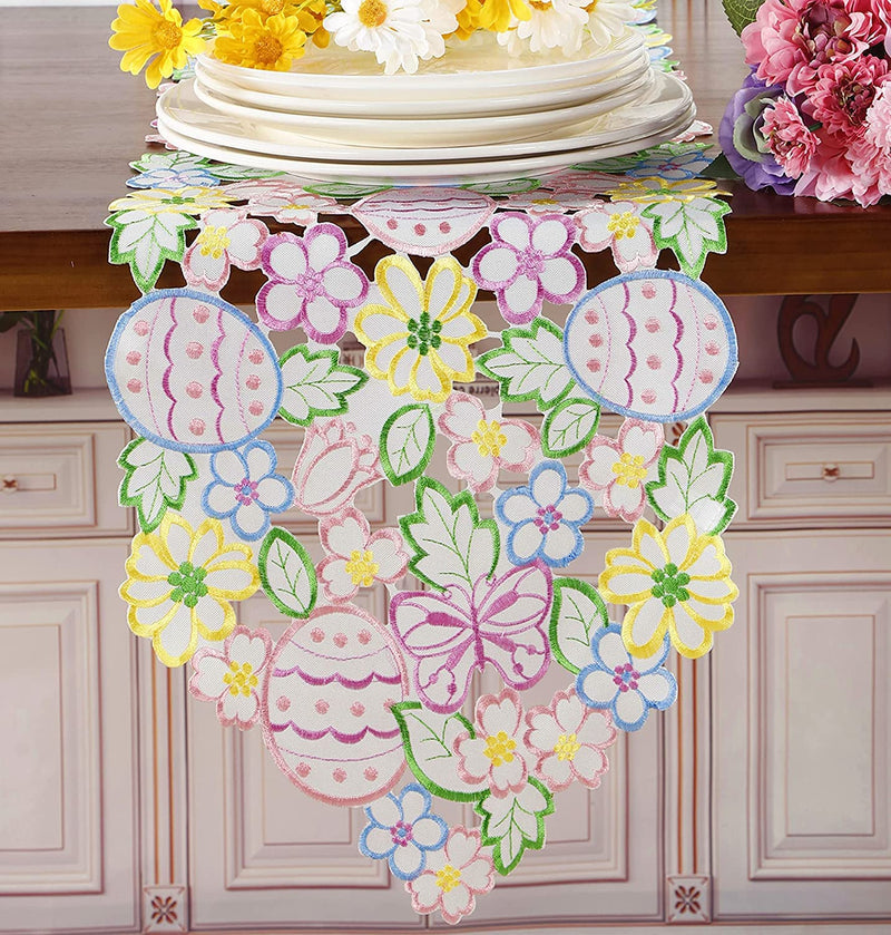 [Australia - AusPower] - Easter Eggs Flowery Table Linen ,Floral Cutwork Embroidered Eggs/Butterfly Dresser Scarf for Home Kitchen Dining Spring Holiday Tabletop Decoration (Runner 13X83(33X210cm, Easter Eggs-2) 