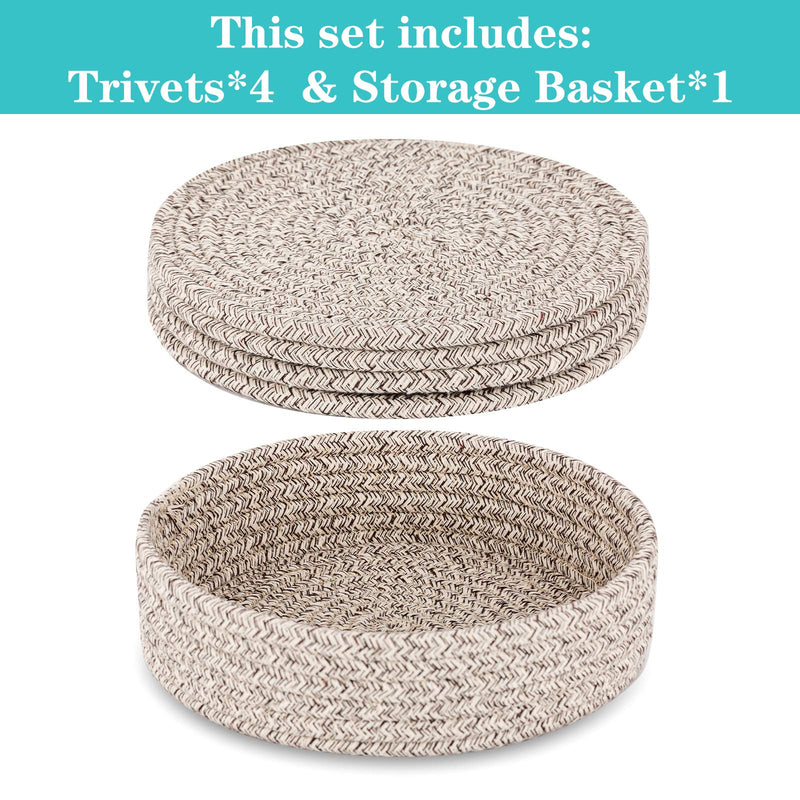 [Australia - AusPower] - Trivet Pot Holders Set 4 Pcs and Kitchen Storage Basket 1 Pack, Cotton Trivets Mat for Hot Pots and Pans, Potholders for Hot Dishes, Table Countertop Protector Hot Pads (Brown) Brown 