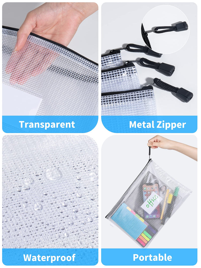 [Australia - AusPower] - JARLINK 14 Pack 6 Sizes Zipper Mesh Pouch, Waterproof Zipper File Bags Document Pouch Multipurpose Travel Bags for Office Supplies Cosmetics Travel Accessories, Black 