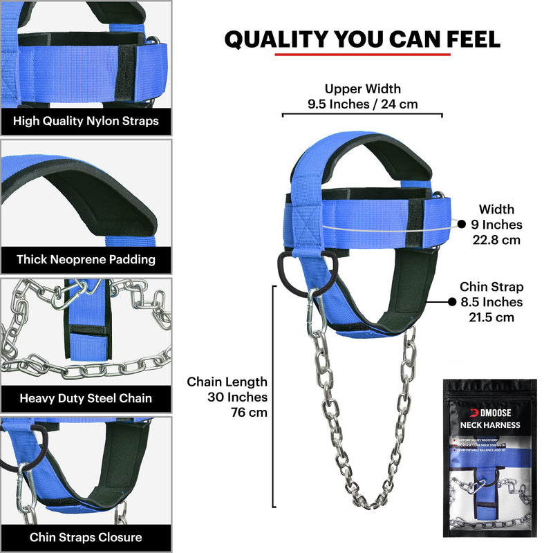 [Australia - AusPower] - DMoose Neck Harness for Weight Training, Neck Exerciser for Neck Workout Equipment Gym, Neck Trainer with Adjustable Long Steel Chain and Strap, Neoprene Support Head Harness, Improve Muscle Strength Blue With Support Strap 