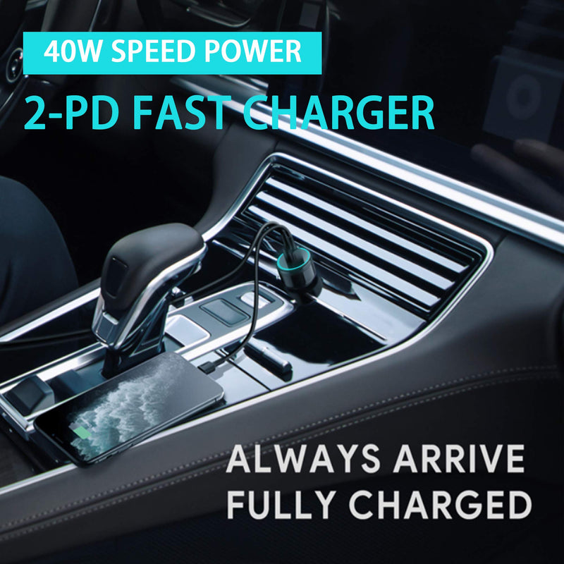 [Australia - AusPower] - Bluemega USB C Car Charger, 40W Car Charger Adapter Premium Fast Dual 20W PD 3.0 Car Cigarette Lighter Compatible for iPhone 12/11/SE/XS/XR/8, Galaxy S20/S10, Tablets, iPad (3ft Type C Cord) 