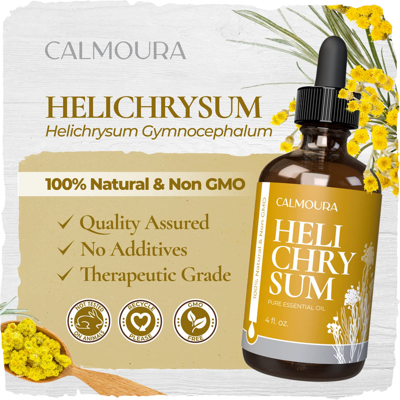 [Australia - AusPower] - Calmoura Helichrysum Essential Oil Therapeutic Grade (4 oz | 118 ml) — Pure Helichrysum Essential Oil Organic for Skin — Premium Undiluted Pure Essential Oil Helichrysum Italicum Diffuser Aromatherapy, Skin Care, Massage, Relaxing & Soothing Oil 