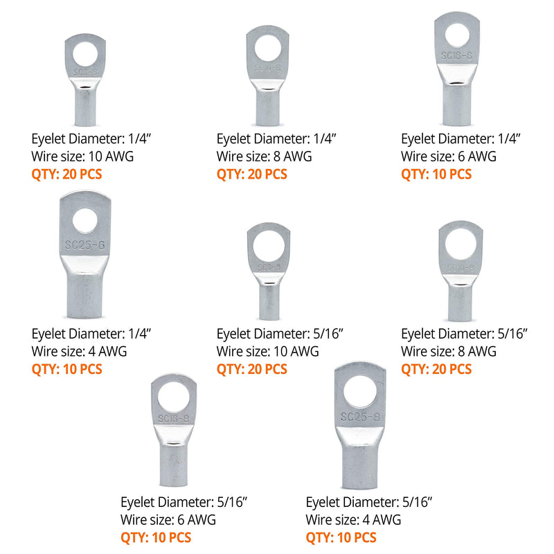 [Australia - AusPower] - Wirefy 120 PCS Tinned Copper Wire Lugs Kit - Battery Lugs - Crimp Battery Cable Ends - Ring Terminals - 10-4 Gauge 120 PCS Kit - 10-4 AWG 