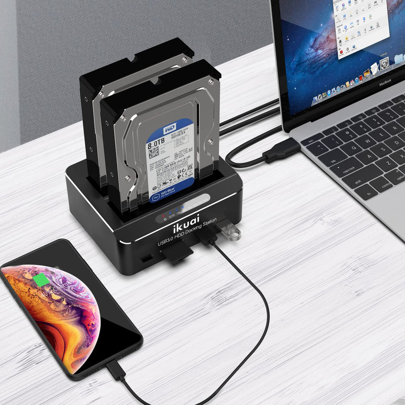 [Australia - AusPower] - ikuai SATA to USB 3.0 Dual Bay Hard Drive Dock for 2.5" and 3.5" SATA HDD SSD with SD TF Card Reader 2 USB 3.0 Ports and Offline Clone Function External Hard Drive Docking Station (UASP Supported) 