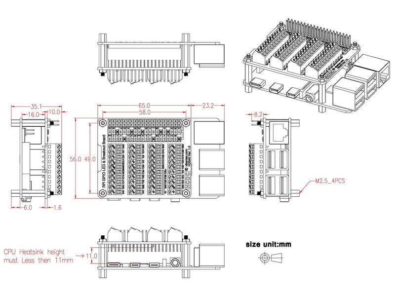 [Australia - AusPower] - HCDC RPi GPIO Status LED & Terminal Block Breakout Board HAT for Raspberry Pi A+ 3A+ B+ 2B 3B 3B+ 4B 