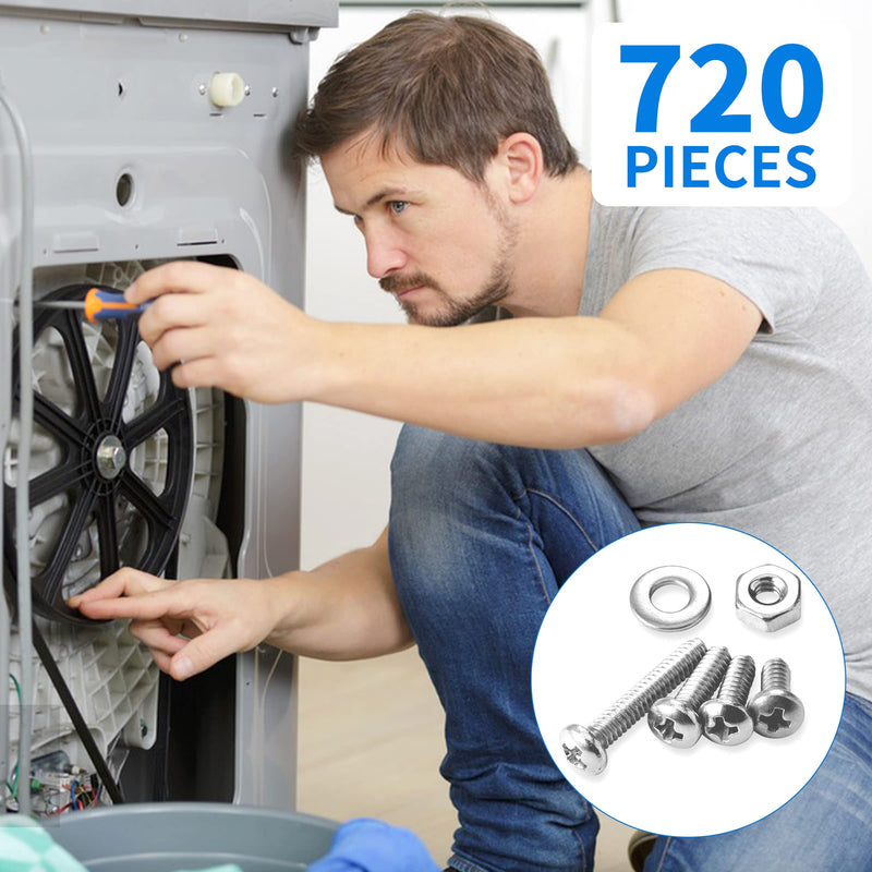[Australia - AusPower] - 720Pcs Machine Screw Assortment Kit, 10-24#8-32#6-32#4-40 Phillips Pan Head Assorted Nuts Bolts and Flat Washers Kit, Stainless Steel Screws Hardware Assortment with Case 