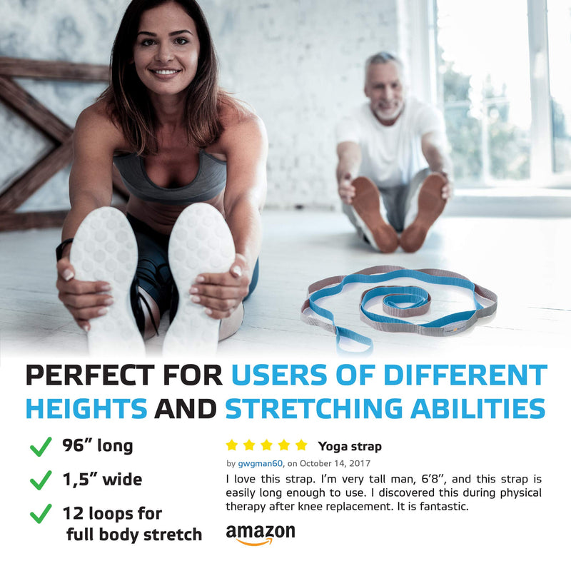 [Australia - AusPower] - sport2people Stretching Strap for Yoga, Flexibility, Rehabilitation - 2 Free Exercise Ebooks - Get Flexible with 12-Loop Stretch Band for Rehab, Recommended by Physical Therapists and Trainers blue-gray 