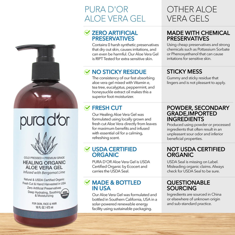 [Australia - AusPower] - PURA D'OR Organic Aloe Vera Gel Bergamot Lime (16oz) All Natural - ZERO Artificial Preservatives - Deeply Hydrating & Moisturizing - Sunburn, Bug Bites, Rashes, Small Cuts, Eczema Relief - Skin & Hair 