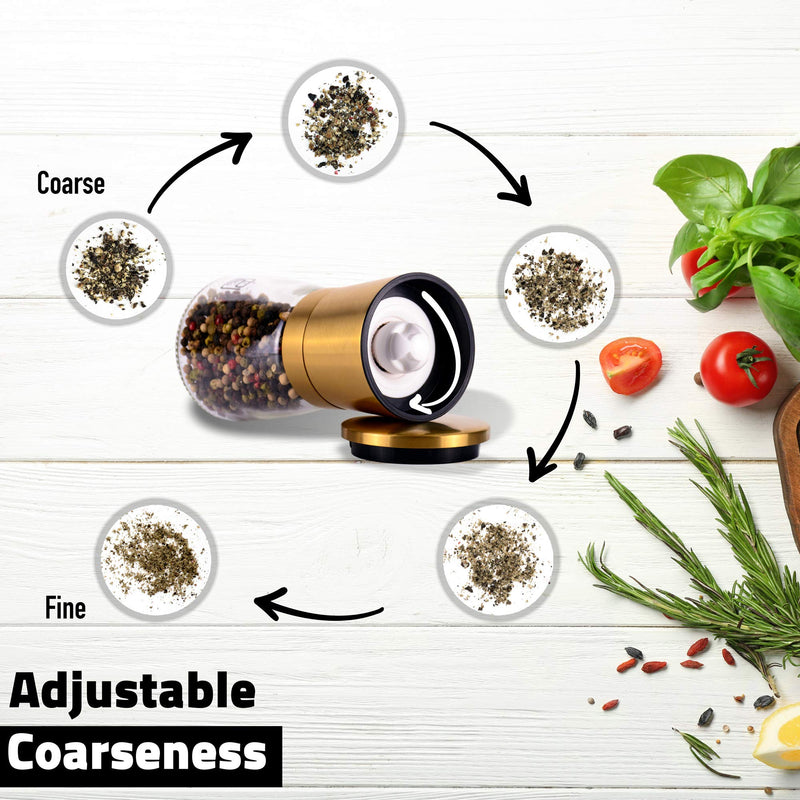 [Australia - AusPower] - Gold Salt and Pepper Grinder Set - Golden Salt and Pepper Shaker Mill - Brass Pepper Grinders Refillable - Adjustable Coarseness - Sea Salt, Black Peppercorn 
