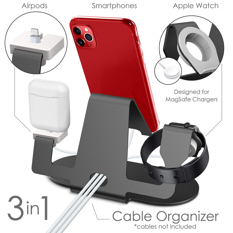 [Australia - AusPower] - Aduro Trio Charge 3 in 1 Aluminum Charging Stand for Apple Phone, iPad, Apple Watch Series 4/3/2/1, & Airpods Charger Station Dock Black 
