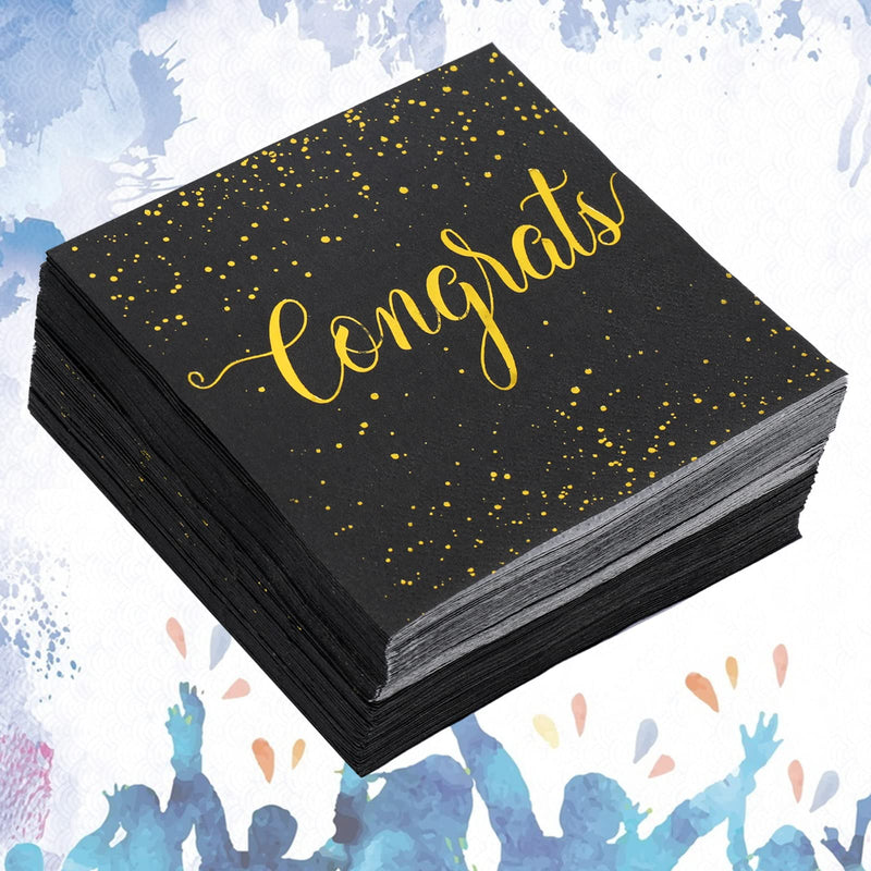 [Australia - AusPower] - Whaline 80 Pack Congratulations Paper Napkins 5 x 5 Inch Gold Foil Congrats Cocktail Napkins Black Graduation Party Disposable Beverage Napkins for Engagement Graduation Baby Shower Celebration Party 